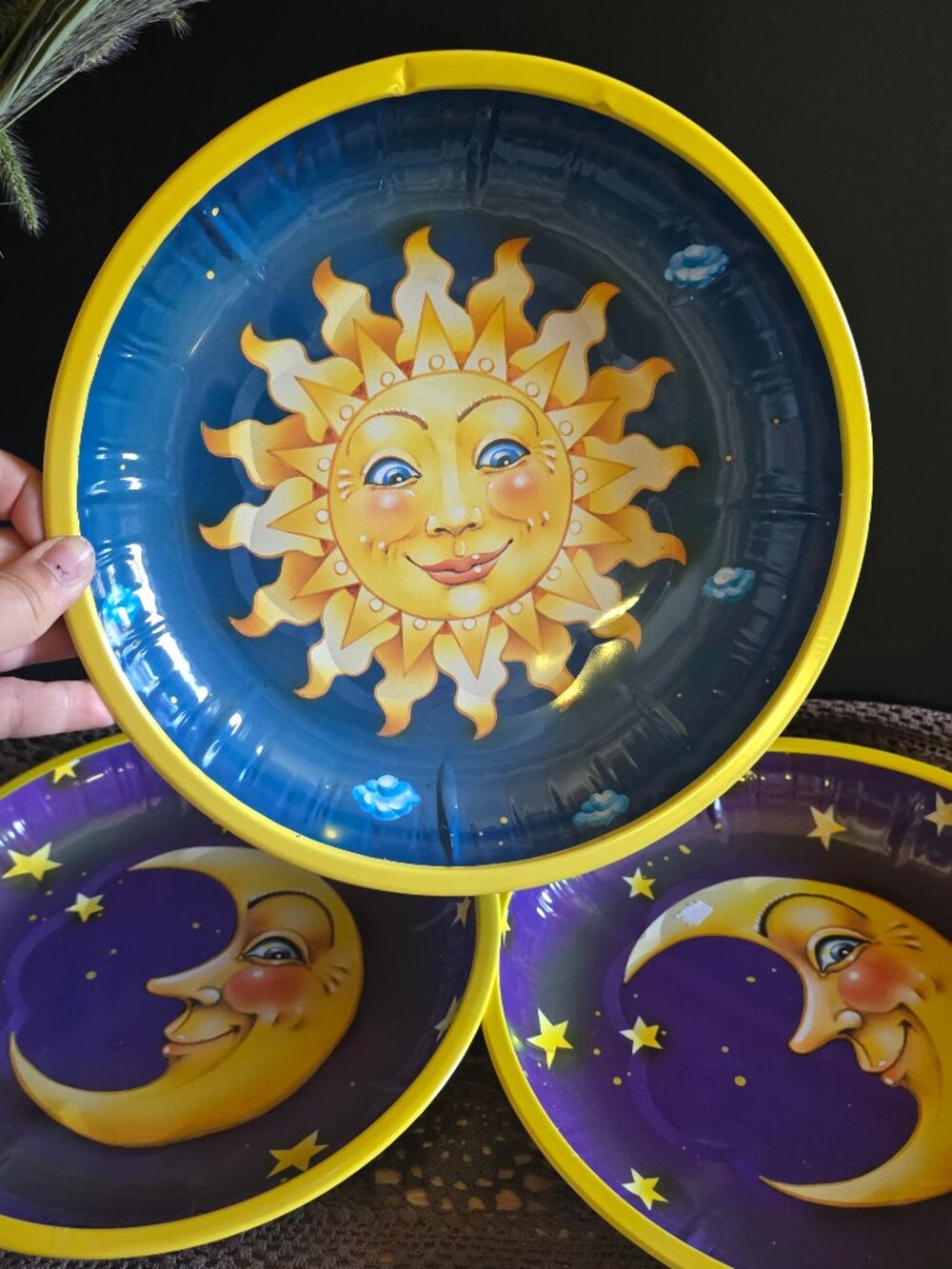 1990s Whimsical Sun & Moon Metal Plates — Retro Celestial Trio platters